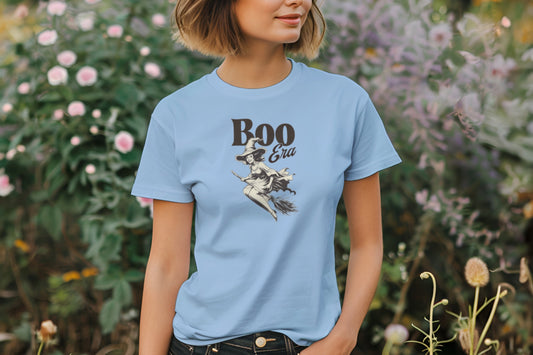 Boo Era Halloween T-Shirt – Retro Witch on Broomstick Tee – Spooky Season Fall Shirt – Cute Vintage Halloween Shirt for Women