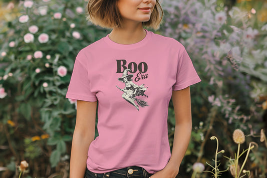 Boo Era Halloween T-Shirt – Retro Witch on Broomstick Tee – Spooky Season Fall Shirt – Cute Vintage Halloween Shirt for Women