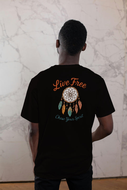 Live Free Chase Your Spirit Shirt-Boho Dreamcatcher Graphic–Free Spirit Hippie Style–Colorful Feather Fall Design–Western Bohemian Apparel